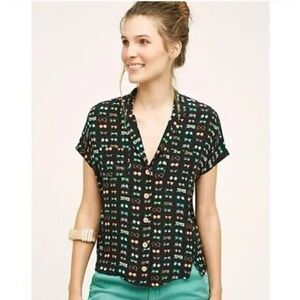 Anthropologie Maeve Women’s Carabel Sunglasses Print Silk Black Button Up Blouse